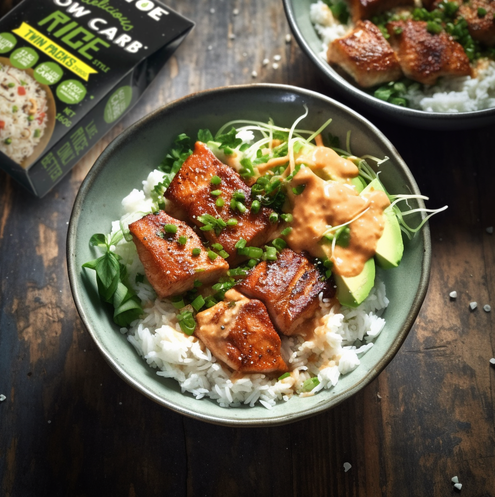 Low Carb Cajun Salmon with Bang Bang sauce with Qetoe Rice